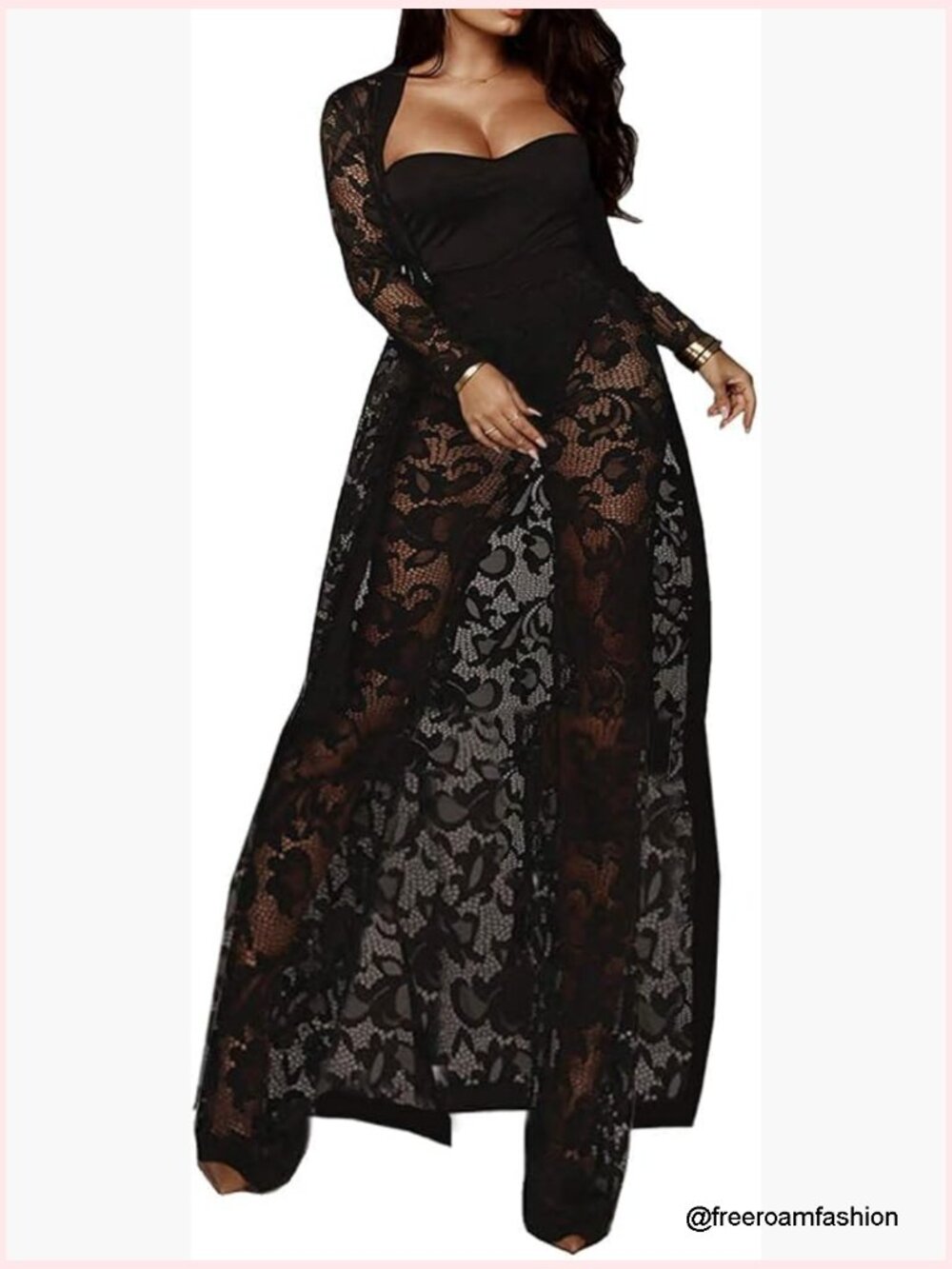 Sexy Lace Wide Leg Pants Tube Top Long Coat Set 3 Piece